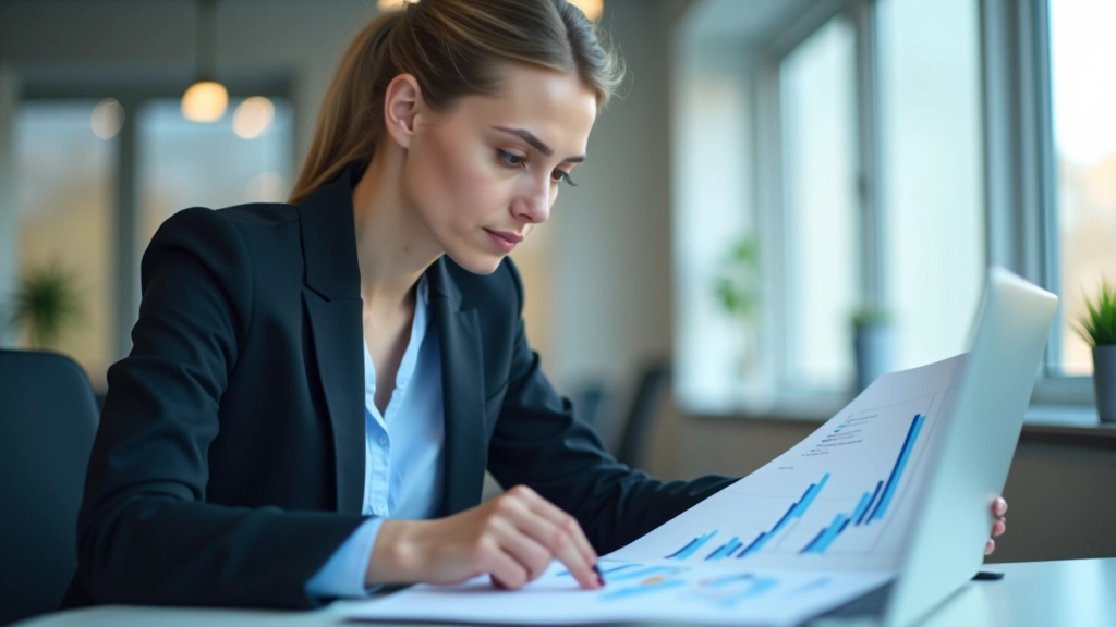 Finanšu profesionāle analīzē datus uz grafika, pētnieciska atmosfēra, modernā biroja vide