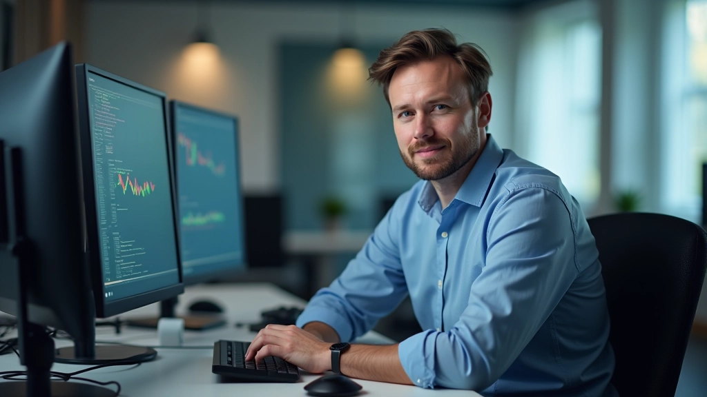 Tirgotājs darbojas ar vairākiem monitoriem ar fintech analītiku un blockchain datus, moderns biznesa vide, dienas gaisma