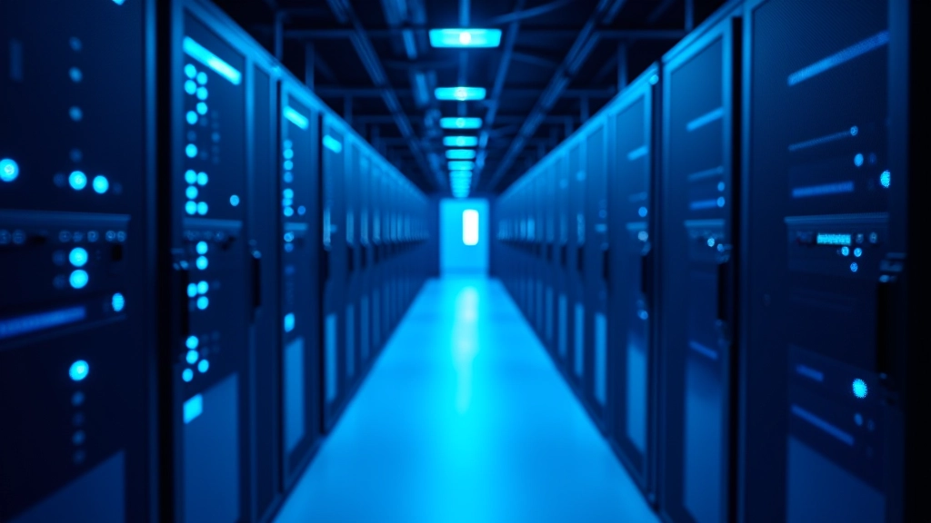 Moderns datu centrs ar LED apgaismojumu, serveru rindas, ciparu infrastruktūra